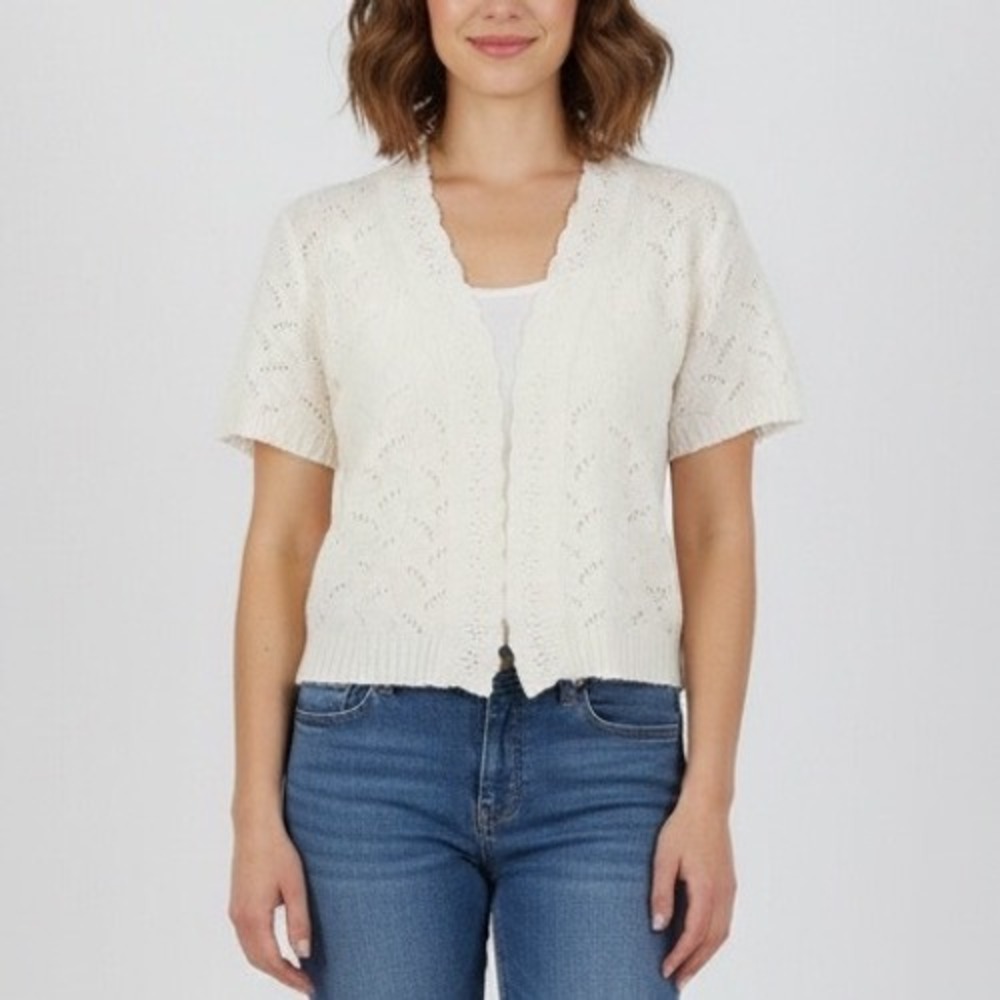 Sweet Kizz Bolero Shrug Sweater Womens M Ivory Short Sleeve Open Front Outdoor